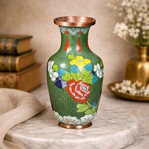 Vintage Chinese Cloisonné Copper Bud Vase Small Floral Green Enamel Chinoiserie